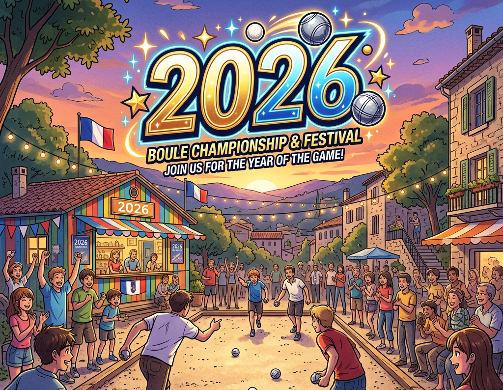 People playing boule outdoors with a crowd cheering, colorful booths, and French flags at sunset
