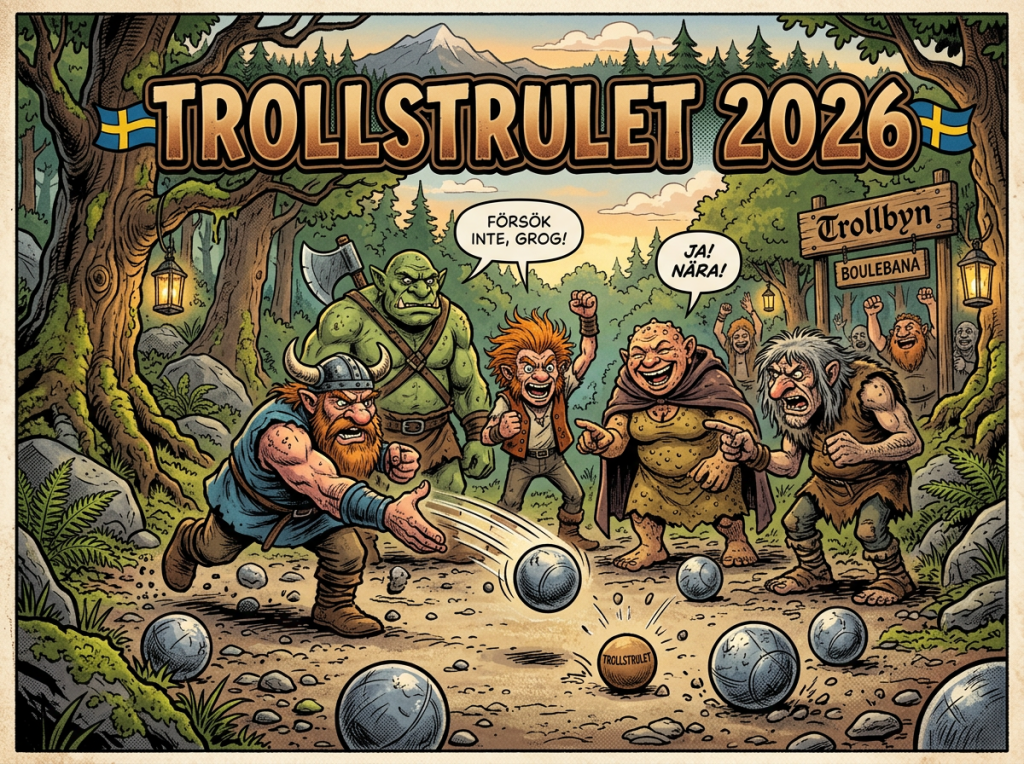 Fantasy characters playing boule outdoors with a Trollstrulet 2026 sign