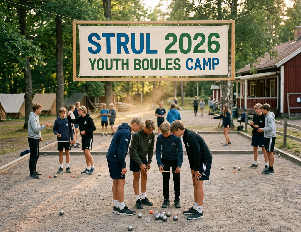 Youth playing and measuring boule distances under Strul 2026 youth boules camp banner